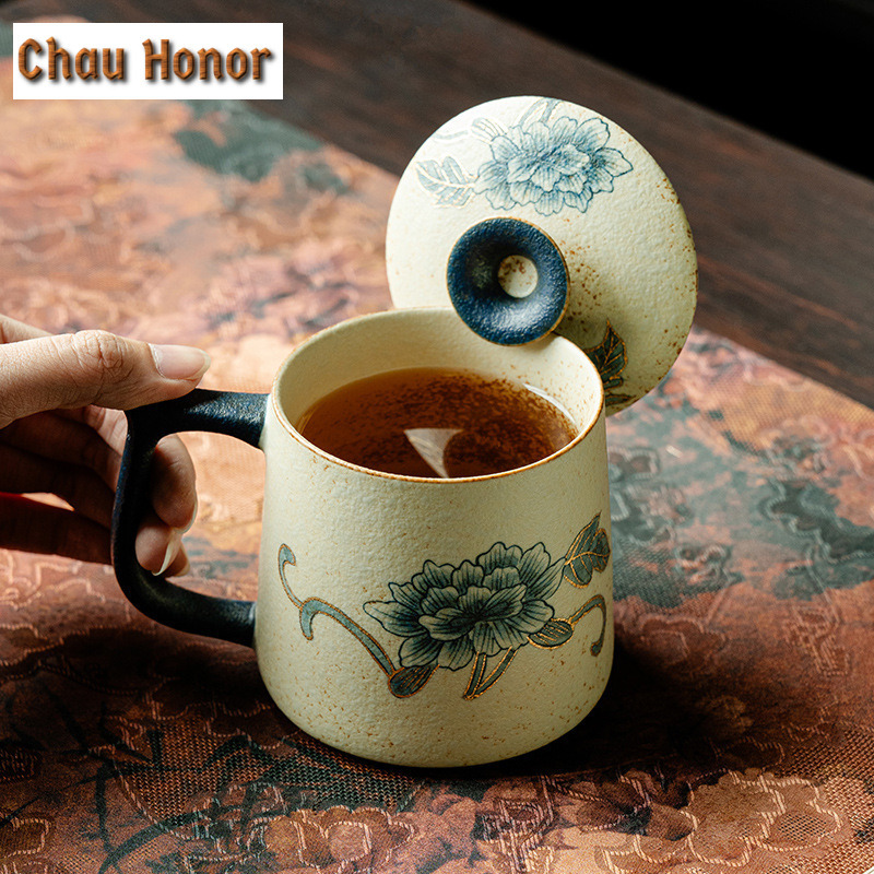 Coffee Tea Drawing - 330ml 파란색과 흰색 플린트 레드 머그잔