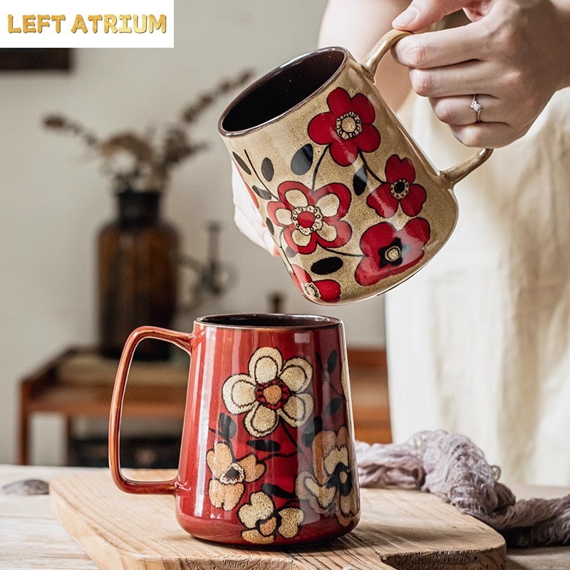 Tea Coffee Utensils - 손그림 꽃무늬 세라믹 머그컵 700ml 대용량