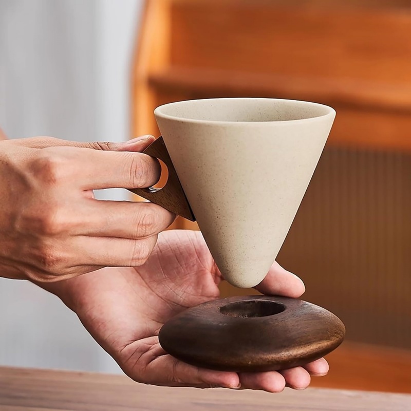 레트로 커피 컵 내열성 원뿔형 세라믹 커피 컵 나무 받 - Tea Coffee Utensils 리뷰 및 가격